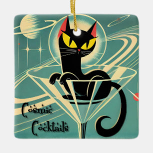 Atomic Futuristic Space Age Black Cat Martini Ceramic Ornament