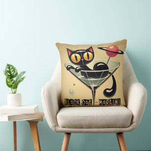 Atomic Futuristic Space Age Black Cat Martini Cushion