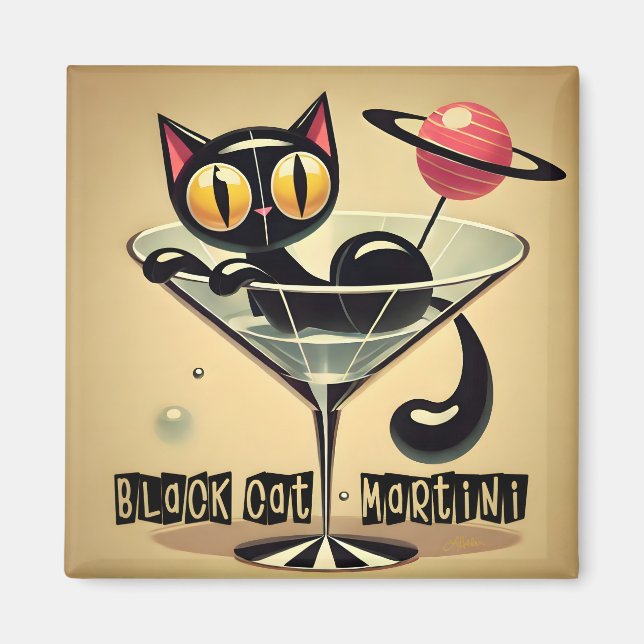Atomic Futuristic Space Age Black Cat Martini Magnet (Front)