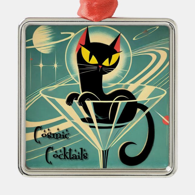 Atomic Futuristic Space Age Black Cat Martini Metal Tree Decoration (Front)