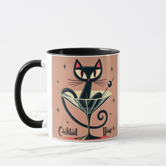 Atomic Futuristic Space Age Black Cat Martini Mug (Left)