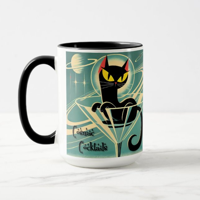 Atomic Futuristic Space Age Black Cat Martini Mug (Left)