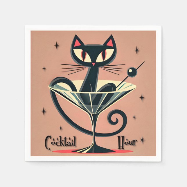 Atomic Futuristic Space Age Black Cat Martini Napkin (Front)