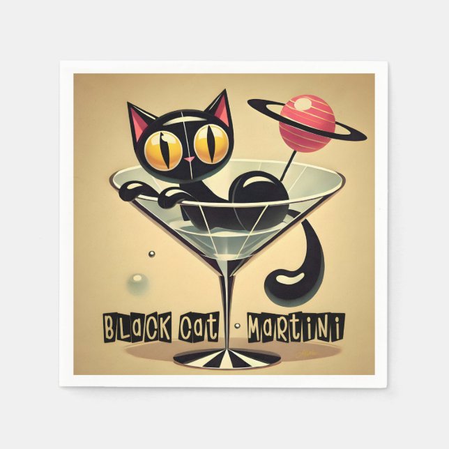 Atomic Futuristic Space Age Black Cat Martini Napkin (Front)