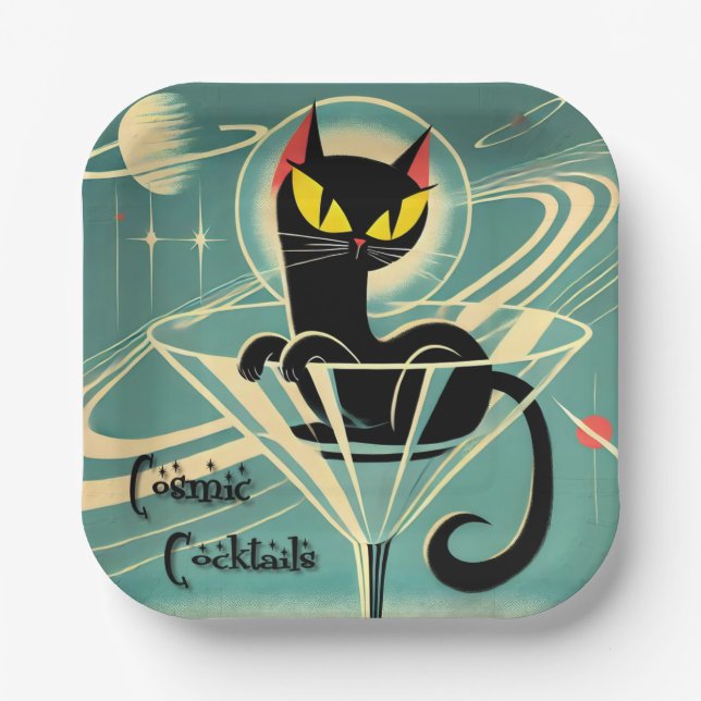 Atomic Futuristic Space Age Black Cat Martini Paper Plate (Front)