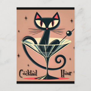 Atomic Futuristic Space Age Black Cat Martini Postcard