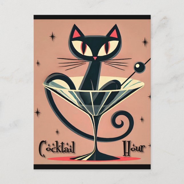 Atomic Futuristic Space Age Black Cat Martini Postcard (Front)