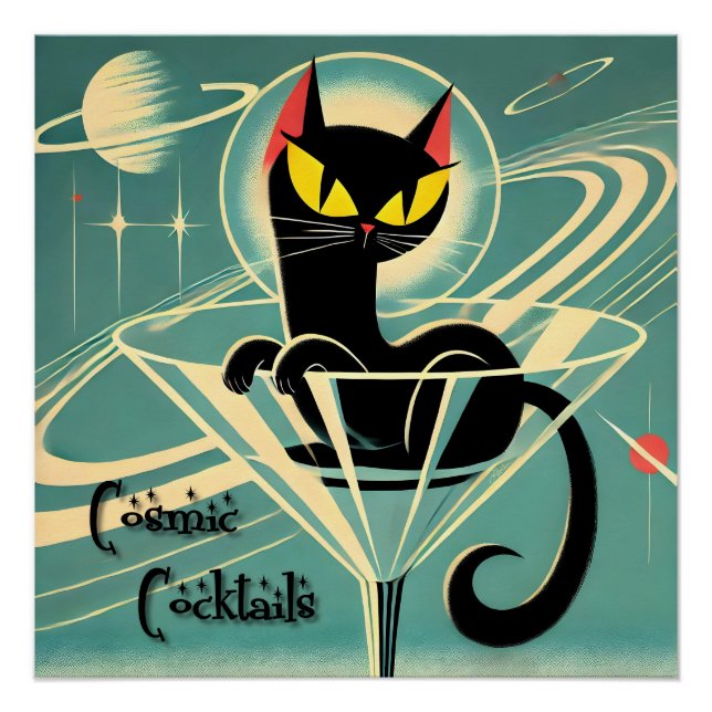 Atomic Futuristic Space Age Black Cat Martini Poster (Front)