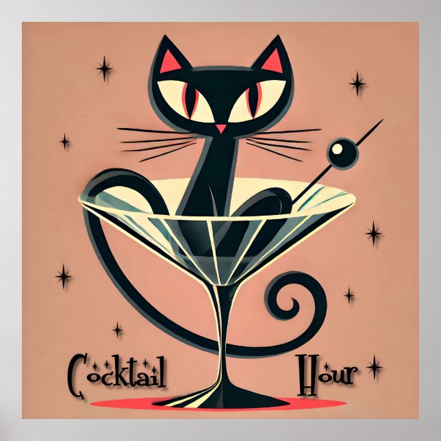 Atomic Futuristic Space Age Black Cat Martini Poster (Front)