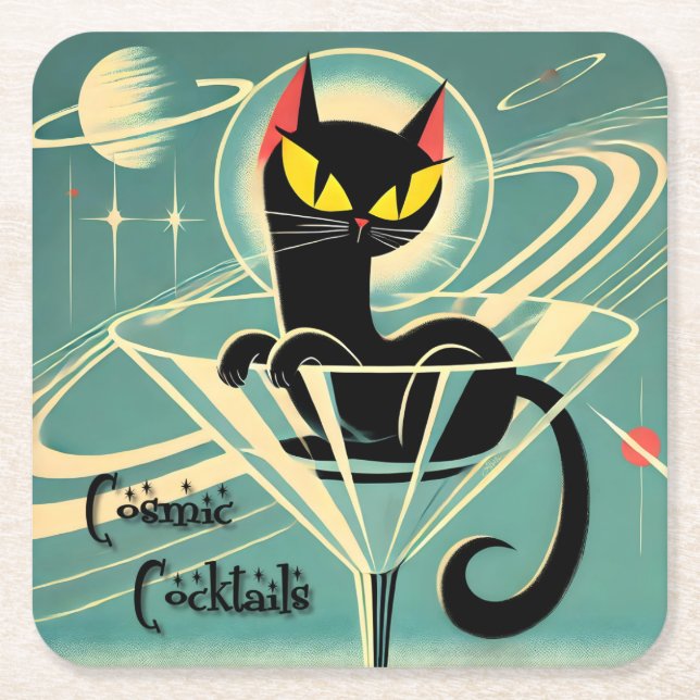 Atomic Futuristic Space Age Black Cat Martini Square Paper Coaster (Front)