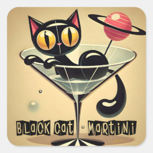 Atomic Futuristic Space Age Black Cat Martini Square Sticker