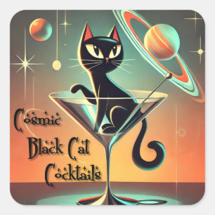 Atomic Futuristic Space Age Black Cat Martini Square Sticker