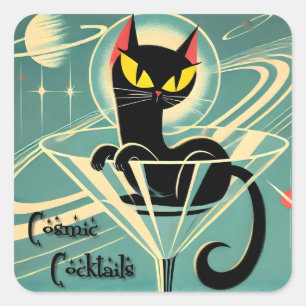 Atomic Futuristic Space Age Black Cat Martini Square Sticker