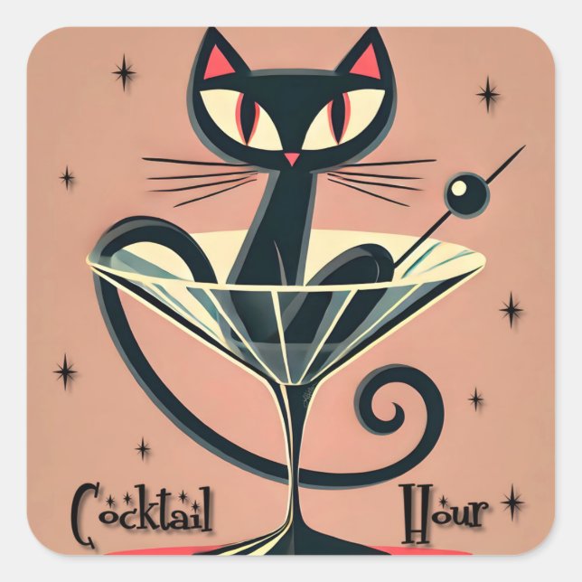 Atomic Futuristic Space Age Black Cat Martini Square Sticker (Front)