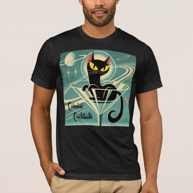 Atomic Futuristic Space Age Black Cat Martini T-Shirt (Front)