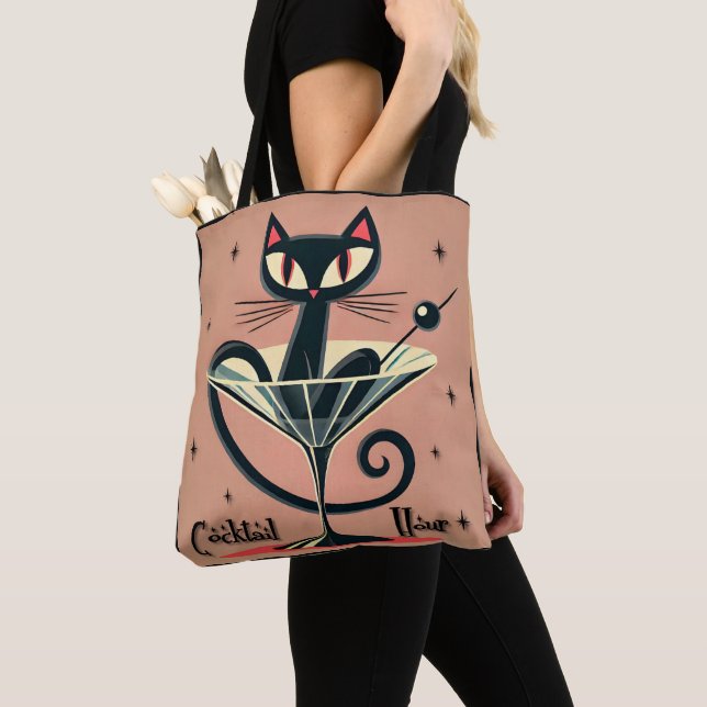 Atomic Futuristic Space Age Black Cat Martini Tote Bag (Close Up)