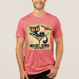 Atomic Futuristic Space Age Black Cat Martini Tri-Blend Shirt