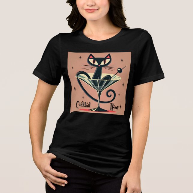 Atomic Futuristic Space Age Black Cat Martini Tri-Blend Shirt (Front)