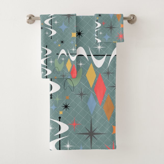 Atomic iconic contemporary pattern abstract blue bath towel set (Insitu)