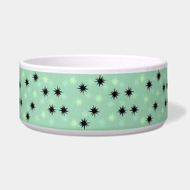 Atomic Jade and Mint Starbursts Ceramic Pet Bowl (Front)