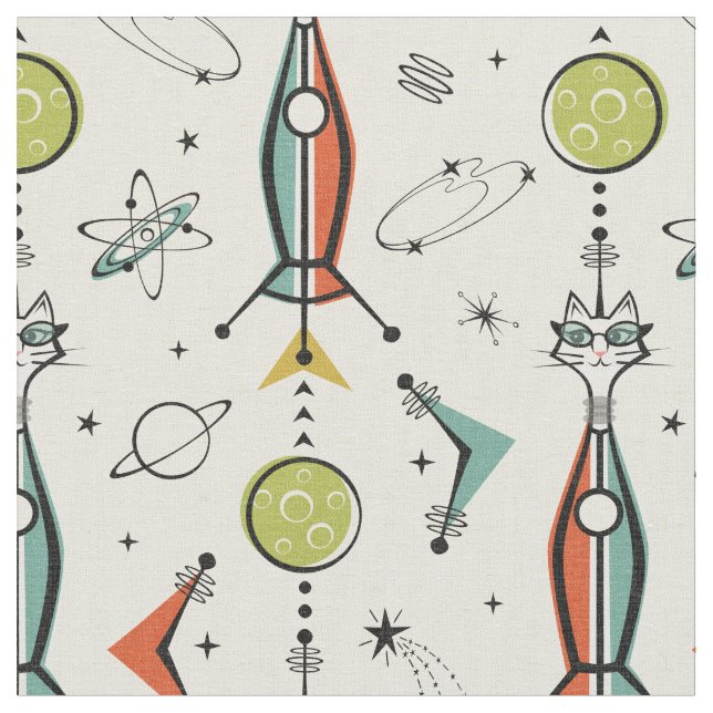 Atomic Kitty Rockets - Green Moons Fabric (Close Up)