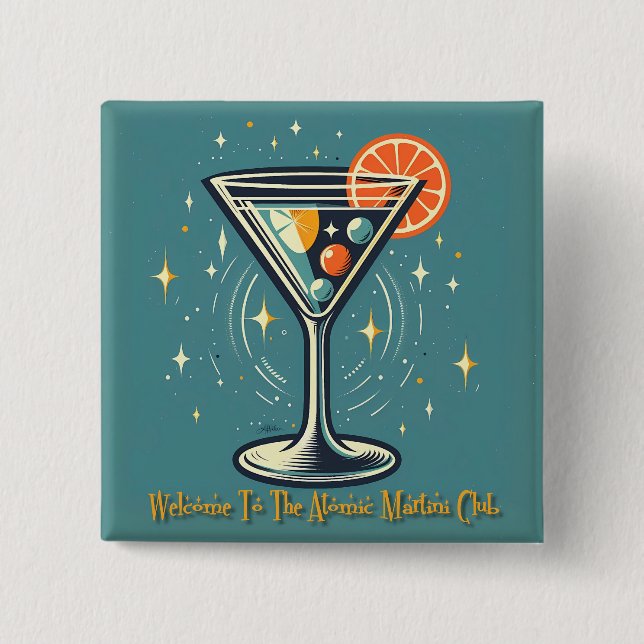 Atomic Martini Club Retro Futuristic Cocktail 15 Cm Square Badge (Front)