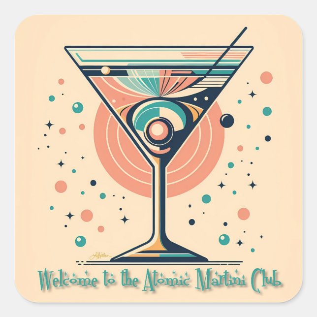 Atomic Martini Club Retro Futuristic Space Age Square Sticker (Front)