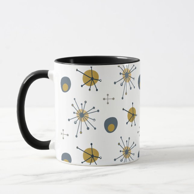 Atomic MCM Starburst Pattern Navy, Mustard, Grey Mug (Left)