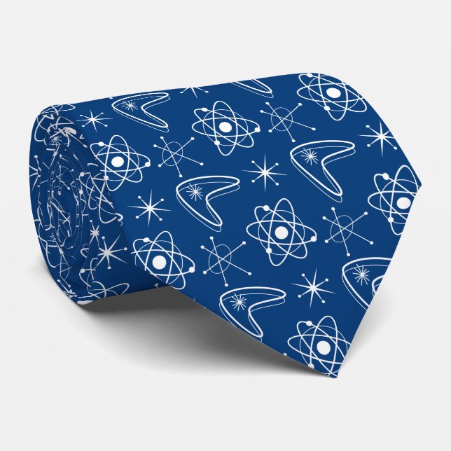 Atomic Midcentury Modern Science Space Navy Blue Tie (Rolled)