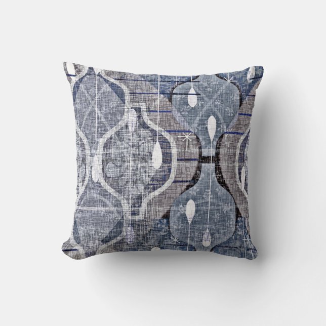 Atomic Ogee Blue Grey Modern Farmhouse Midcentury Cushion (Front)