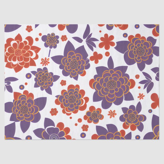 Atomic Orange and Purple Retro Mid Century Floral Tissue Paper (Front)
