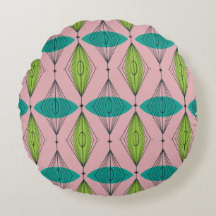 Atomic Pink Ogee and Starbursts Round Pillow