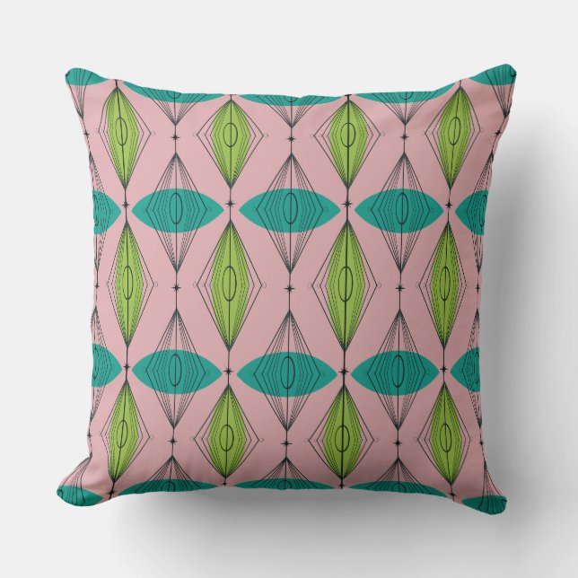 Atomic Pink Ogee and Starbursts Throw Pillow (Front)
