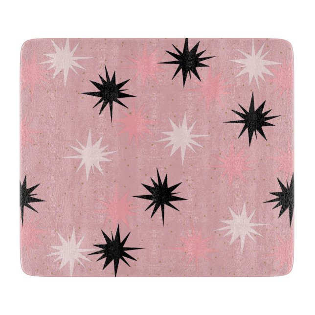 Atomic Pink Starbursts Glass Cutting Board (Front)