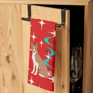 Atomic Retro Basenji Dog Red Starburst Mid Century Tea Towel