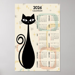 Atomic Retro Black Cat Mid Century 2026 Calendar Poster