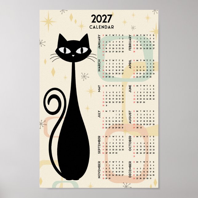 Atomic Retro Black Cat Mid Century 2027 Calendar Poster (Front)