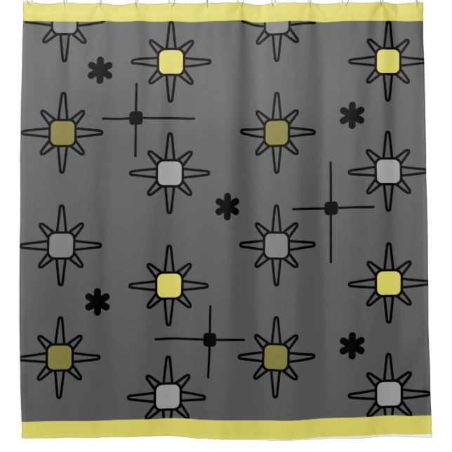 Atomic Sky Starbursts Dark Grey Yellow Shower Curtain (Front)