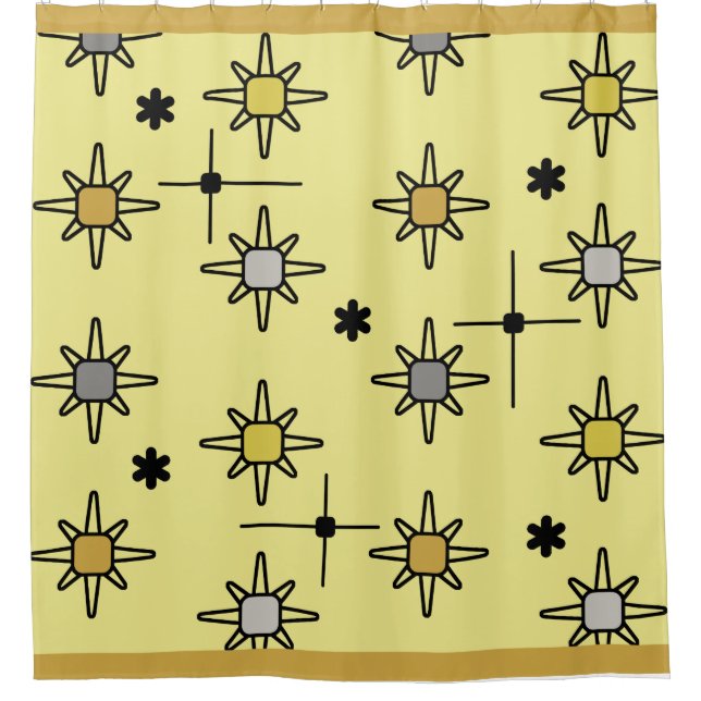 Atomic Sky Starbursts Yellow Grey Shower Curtain (Front)