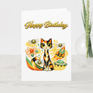 Atomic Space Age Sci Fi Calico Cat Happy Birthday Card