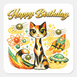 Atomic Space Age Sci Fi Calico Cat Happy Birthday Square Sticker