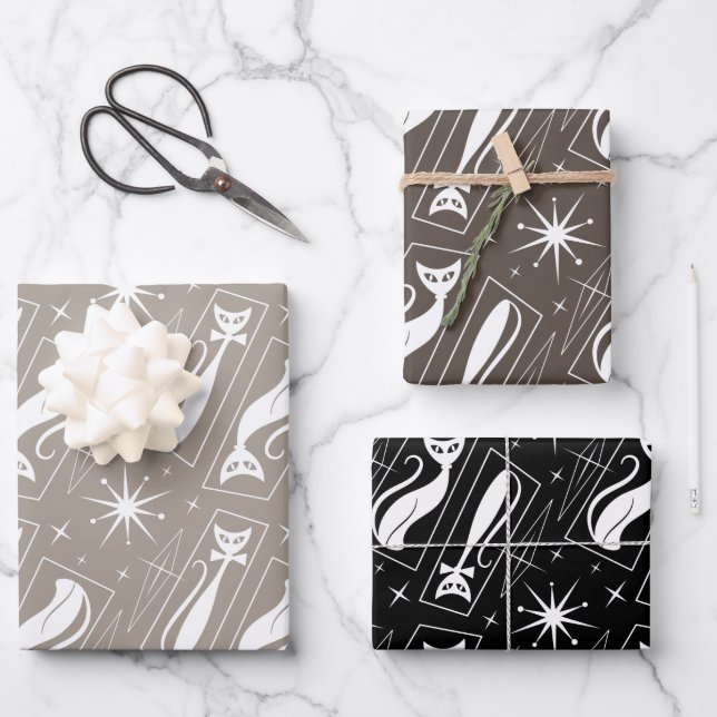 Atomic Star Cat MidCentury Modern Christmas MCM  Wrapping Paper Sheet (Front)