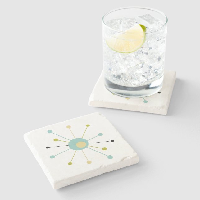 Atomic Starburst Aqua Blue Yellow Mid Mod Stone Coaster (Side)