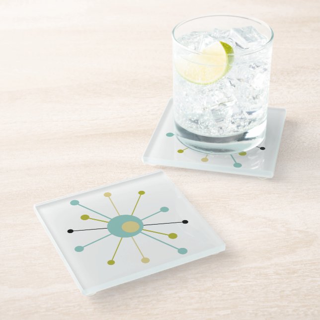 Atomic Starburst Blue Green Yellow Mid-century Glass Coaster (Angled)