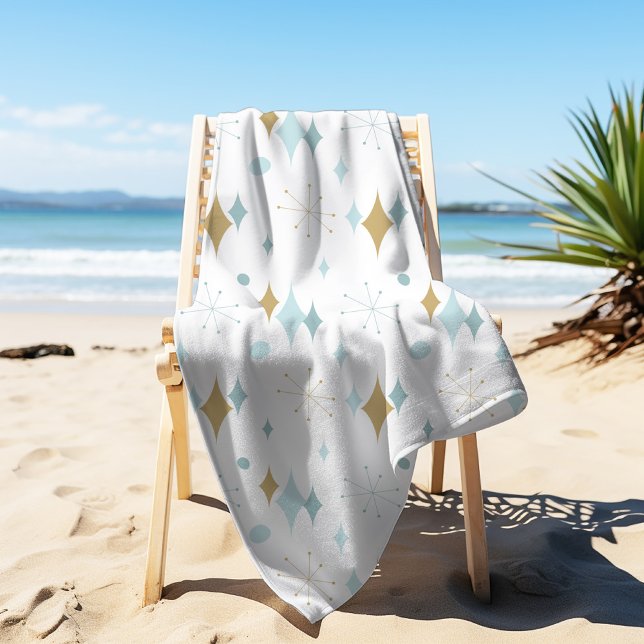 Atomic Starburst Mid Century Modern Aqua Gold Beach Towel (Creator Uploaded)