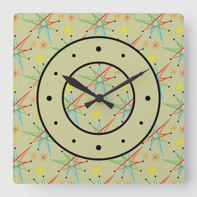 Atomic Starburst Retro Multicolored Pattern Square Wall Clock (Front)