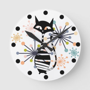 Atomic Starburst with Mid Century Stylized Cat Round Clock
