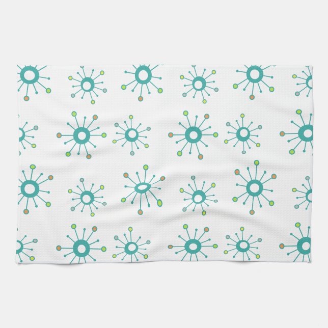 Atomic Starbursts Colourful Turquoise Tea Towel (Horizontal)
