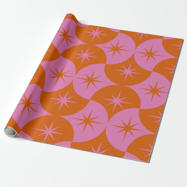  Atomic Starbursts on Pink Orange Scallop Shapes Wrapping Paper (Unrolled)