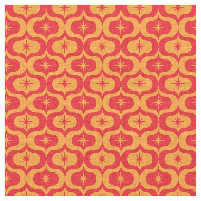 Atomic Starbursts on Red and Orange Ogee Pattern Fabric (Close Up)